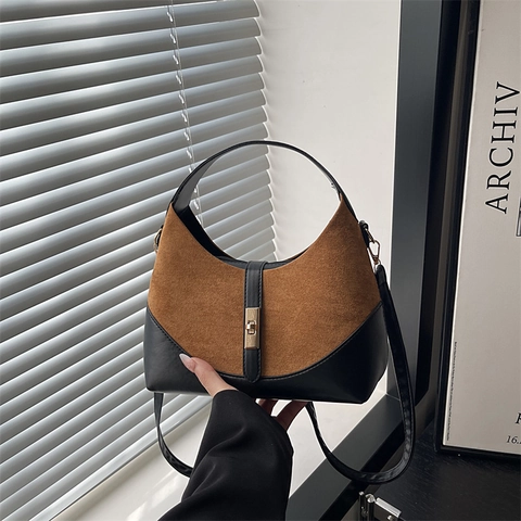 Women's Retro Contrast Color Hobo Bag Fashion Faux Suede Leather Patchwork Shoulder Bag Metal Lock Casual Crossbody Handbag