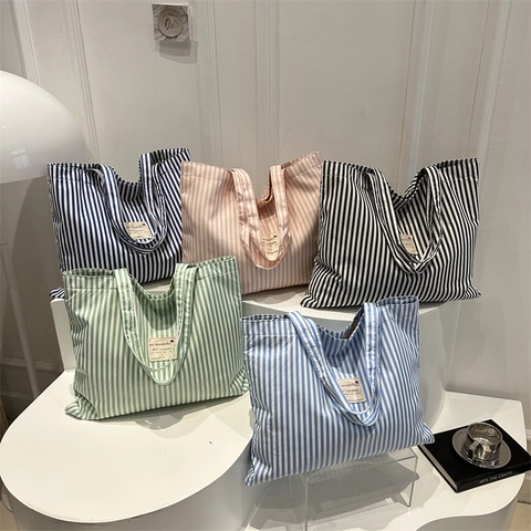 Dames Gestrept Canvas Tote Bag Grote Capaciteit Stedelijk Minimalistisch Schoudertas Casual Pendelen Handtas Met Stoffen Label