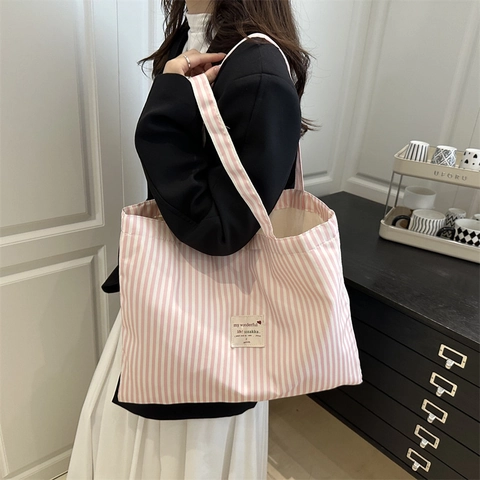 Dames Gestrept Canvas Tote Bag Grote Capaciteit Stedelijk Minimalistisch Schoudertas Casual Pendelen Handtas Met Stoffen Label