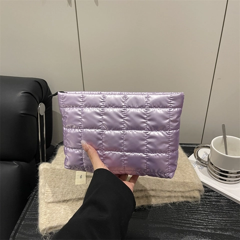 Damen Gesteppte Kulturtasche Kunstleder Einfarbig Clutch Reißverschluss Reise Make-up Aufbewahrungstasche Organizer