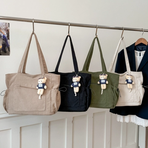 Large Capacity Corduroy Tote Bag For Women Retro Casual Shoulder Bag With Drawstring Side Pockets And Cute Bear Pendant
