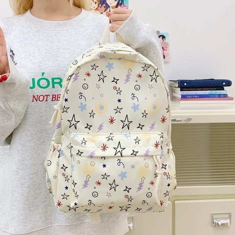 Women Girls Printed Nylon Backpack Lightweight Star Floral Pattern School Bookbag Stylish Student Daypack Casual Large Capacity Travel Rucksack