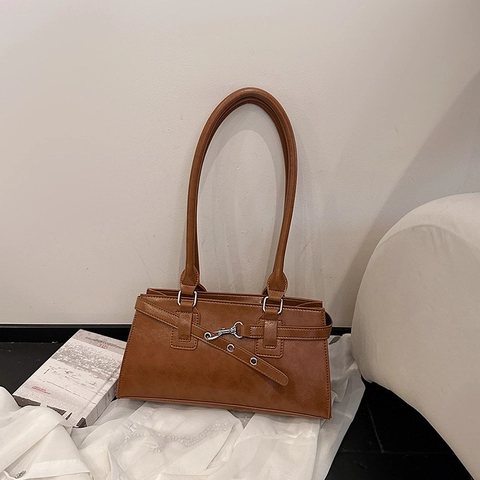 Vintage PU Leather Underarm Shoulder Bag For Women Retro Solid Color Minimalist Tote Handbag With Belt Buckle Chic Fashion Purse