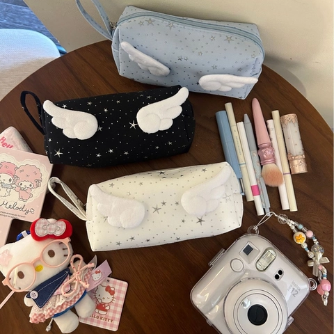 Angel Wings Star Print Pencil Case Large Capacity Polyester Stationery Bag For Students Cute Plush Decorative Storage Pouch