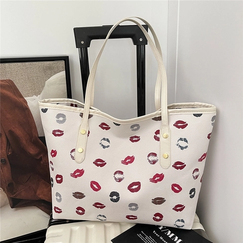 Women Chic Printed Tote Bag PU Leather Large Capacity Shoulder Bag Lipstick Pattern Daily Handbag Casual Commute Shopper Bag