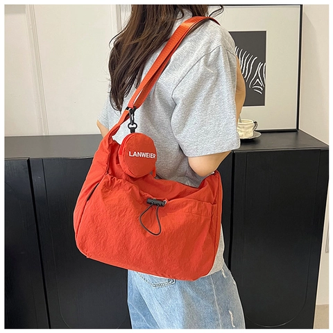 Women's Waterproof Nylon Crossbody Bag with Drawstring Pocket and Detachable Round Coin Purse Casual Shoulder Bag for Travel School