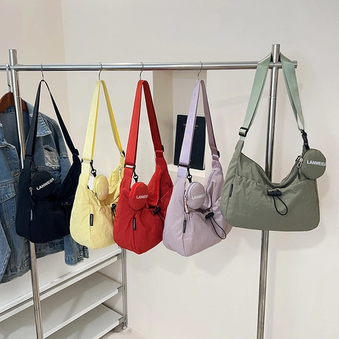 Women's Waterproof Nylon Crossbody Bag with Drawstring Pocket and Detachable Round Coin Purse Casual Shoulder Bag for Travel School