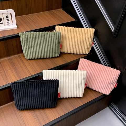 Dames Corduroy Cosmetische Tas Grote Capaciteit Make-up Organizer Reistasje Minimalistisch Effen Kleur Binnenzak Clutch