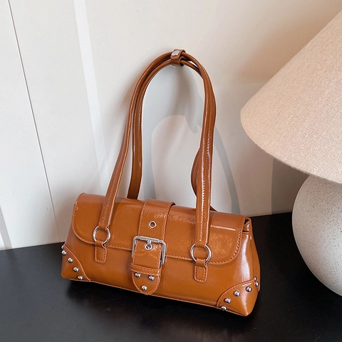 Vintage Synthetic Leather Underarm Bag Women Retro Rivet Belt Buckle Baguette Bag Shoulder Handbag Solid Color Commuter Purse