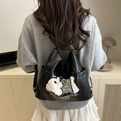 Women's Retro Plaid Bow Tote Bag Happy Puppy Cartoon Dog Embroidery Shoulder Bag Large Capacity PU Leather Casual Backpack
