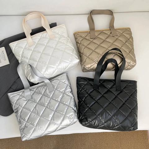 Women Quilted Down Tote Bag Metallic Luster Large Capacity Shoulder Bag Fashion Urban Padded Handbag For Daily Shopping