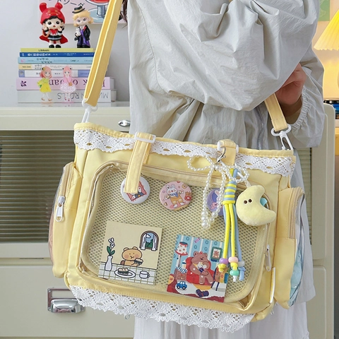 Japanische Ita-Tasche Damen Transparentes PVC-Fenster Spitzenverzierung Tragetasche Oxford-Stoff Umhängetasche Für Badges