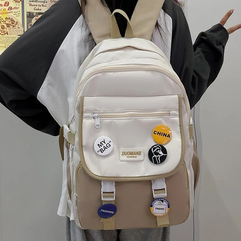 Nylon School Backpack For Girls Korean Style Color Blocking Casual Travel Daypack Contrast Stitching Student Bookbag