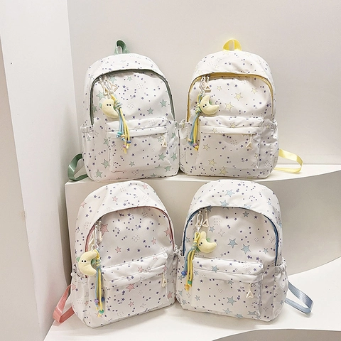 Sweet Star Pattern Canvas School Backpack For Girls With Moon Keychain Lightweight Breathable Fashion Casual Travel Rucksack Student Bookbag