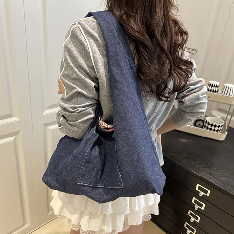 Patchwork Canvas Shoulder Bag Large Capacity Retro Floral Plaid Denim Tote Casual Hobo Handbag For Women