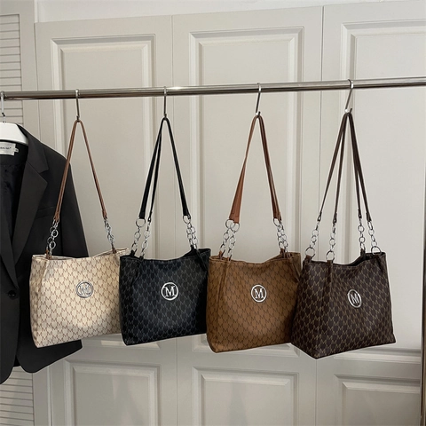 Women Fashion Monogram Letter Print Large Capacity Synthetic Leather Shoulder Bag With Chain Strap Handbag Commuting Tote