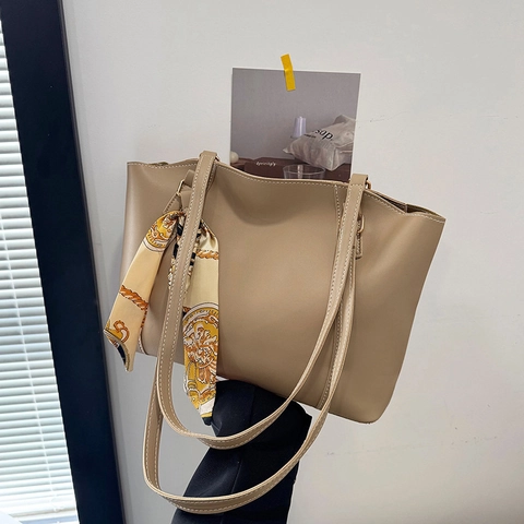 Women's Large Capacity Tote Bag PU Leather Shoulder Bag With Contrast Stitching And Decorative Satin Scarf Casual Commute Handbag