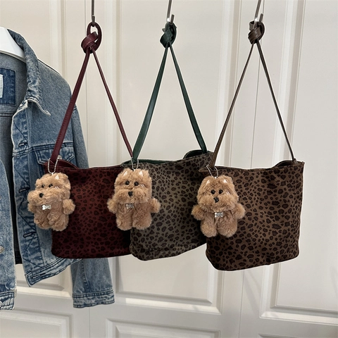 Vintage Luipaardprint Emmer Tas voor Dames Retro Kunstbont Pluche Hanger Schoudertas Telefoontas met Magneetsluiting