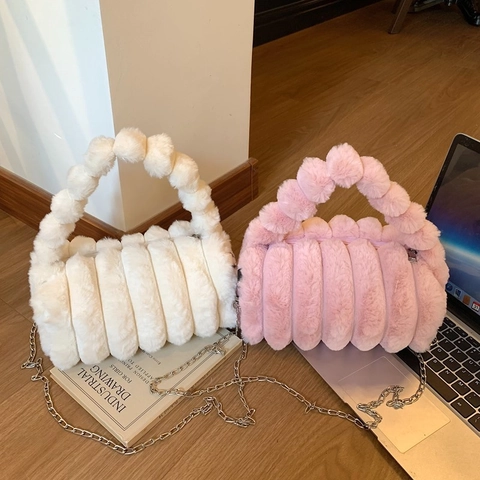 Women Fashion Plush Pillow Bag Trendy Faux Fur Handbag With Metal Chain Shoulder Strap Fuzzy Ball Handle Winter Crossbody Bag