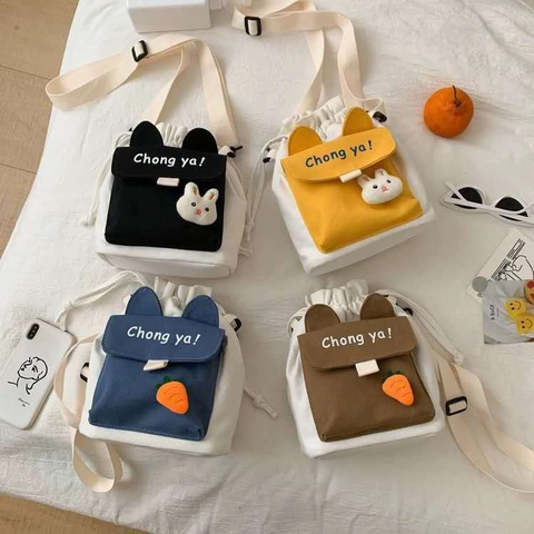 Sac Bandoulière en Toile Cartoon Mignon Style Japonais Sac à Épaule Décontracté Léger Avec Cordon pour Femmes Étudiants