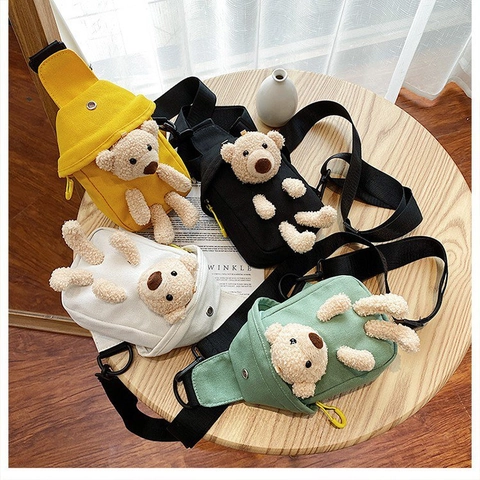 Women's Mini Canvas Chest Bag Cute 3D Plush Bear Crossbody Bag Adjustable Strap Small Shoulder Bag For Teens Girls