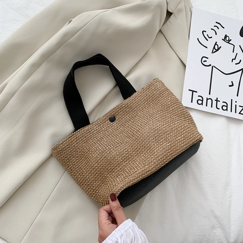 Women's Summer Straw Woven Tote Bag Contrast Canvas Handle Beach Handbag Minimalist Basket Bag With Magnetic Button Closure