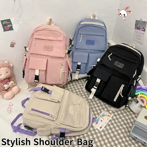 Mochila de Estudiante de Nailon con Múltiples Bolsillos para Mujer Estilo Preppy Mochila Escolar Casual de Gran Capacidad
