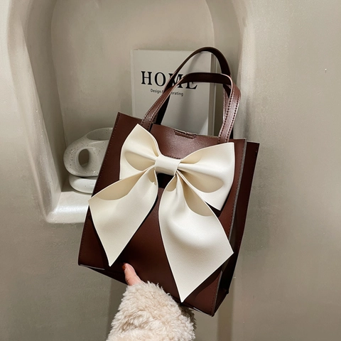 Women Fashion Large Capacity Tote Bag Elegant Contrast Color Bowknot Handbag Polyester Shoulder Bag For Daily Travel Style