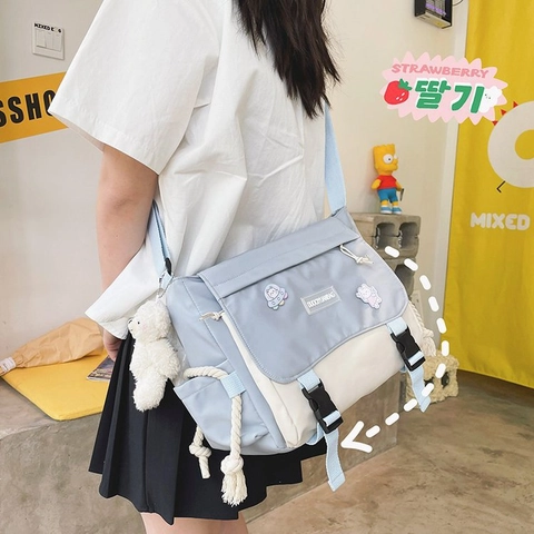 Harajuku Vintage Patchwork Messenger Bag Large Capacity Nylon Crossbody Shoulder Bag For Students Japanese Style School Bag