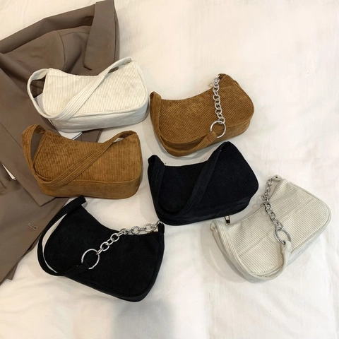 Vintage Corduroy Texture Canvas Underarm Bag For Women Retro Baguette Shoulder Bag With Chain Strap Chic Handbag Daily Purse