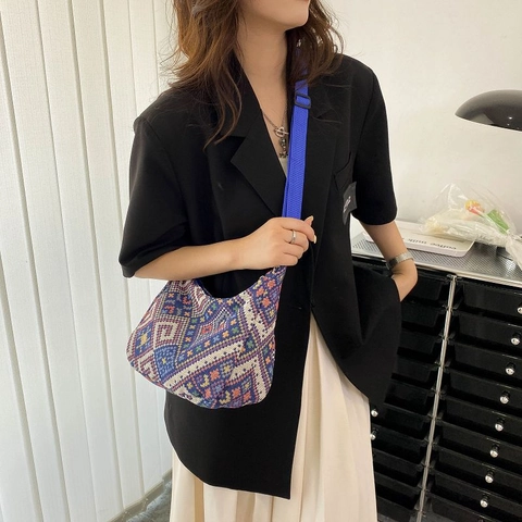Borsa Tote in Tela a Righe in Stile Etnico di Grande Capacità per Donna Estate Nuova Borsa a Tracolla Jacquard Boho per Pendolari