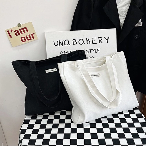 Minimalist Canvas Tote Bag For Women Large Capacity Letter Patch Shopping Shoulder Bag Urban Fashion Handbag Daily Use