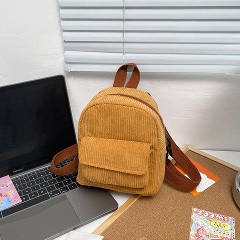 Corduroy Mini Backpack Solid Color Simple Fashion Small Rucksack For Women Girls Adjustable Straps