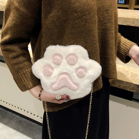 Women's Cute Plush Bear Paw Shoulder Bag Korean Style Faux Fur Crossbody Bag With Metal Chain Small Round Round Purse Handbag