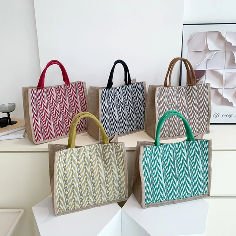 Women Large Capacity Cotton Linen Tote Bag Chevron Wave Pattern Canvas Handbag Commuter Shopping Shoulder Bag Casual Beach Bag