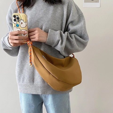 Damen Mode Canvas Halbmond Unterarmtasche Lässige Umhängetasche Mit Geflochtenem Seilriemen Smiley Patch Alltagstasche