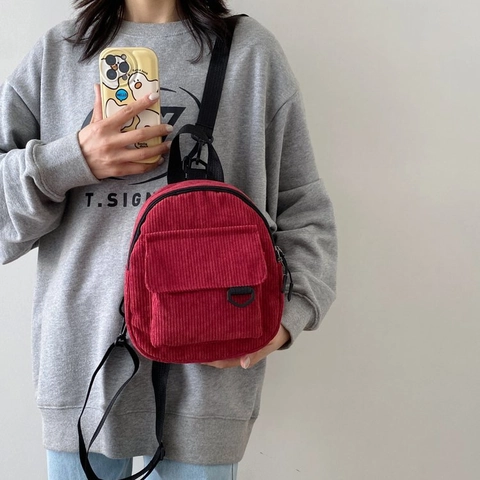 Women Corduroy Mini Backpack Fashion Casual Canvas Small Shoulder Bag Ribbed Texture Sweet Style Daily School Rucksack