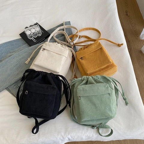 Vintage Corduroy Drawstring Bucket Bag For Women Minimalist Canvas Shoulder Bag Small Casual Crossbody Bag With Front Pocket