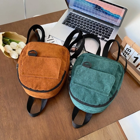 Women Corduroy Mini Backpack Fashion Casual Canvas Small Shoulder Bag Ribbed Texture Sweet Style Daily School Rucksack