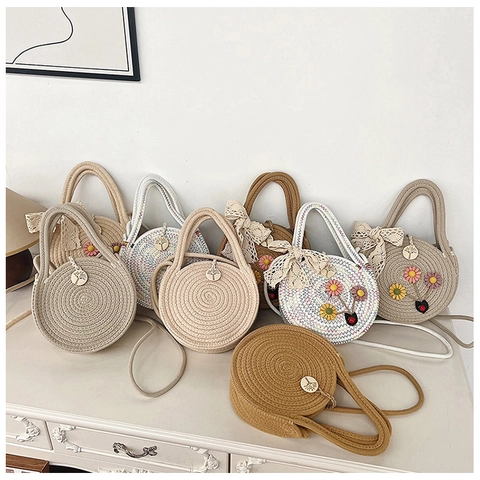 Borsa a Tracolla Rotonda in Paglia Intrecciata da Donna Con Ricamo Floreale Fiocco in Pizzo Estate Spiaggia Vacanza Stile Mori