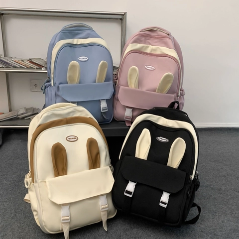 Lindo Conejo Oreja Nylon Mochila Para Mujeres Adolescentes Chicas Escuela Casual Moda Contraste Color Gran Capacidad Mochila Resistente al Desgaste
