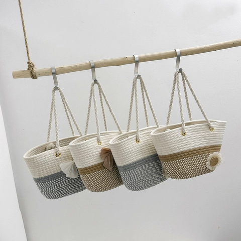 Woven Tote Bag Straw Cotton Rope Large Capacity With Bowknot Or Daisy Decoration Casual Summer Shoulder Bag For Women