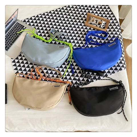 Women Large Capacity Nylon Hobo Bag Summer Solid Color Half Moon Shoulder Bag With Braided Rope Strap Fashion Crossbody Handbag