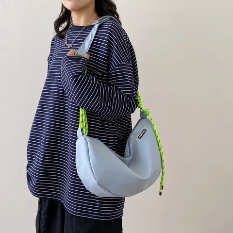 Women Large Capacity Nylon Hobo Bag Summer Solid Color Half Moon Shoulder Bag With Braided Rope Strap Fashion Crossbody Handbag