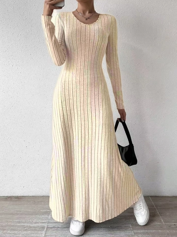 Damen Casual V-Ausschnitt Rippstrick Maxi Kleid Einfarbig Langarm Schlanke Passform Herbst Winter Elegant Lange Strickkleid