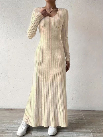Damen Casual V-Ausschnitt Rippstrick Maxi Kleid Einfarbig Langarm Schlanke Passform Herbst Winter Elegant Lange Strickkleid