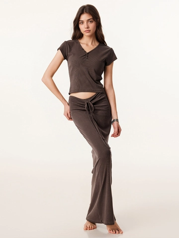 Completo con Gonna a Costine Donna Crop Top Manica Corta Scollo a V con Bottoni e Gonna Maxi Arricciata con Coulisse Vita Bassa Casual