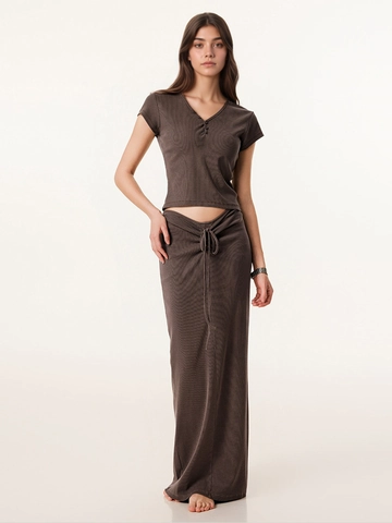 Completo con Gonna a Costine Donna Crop Top Manica Corta Scollo a V con Bottoni e Gonna Maxi Arricciata con Coulisse Vita Bassa Casual