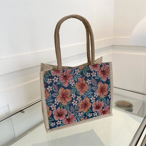 Vintage Floral Canvas Tote Bag Large Capacity Jute Texture Shoulder Bag For Women Casual Commuting Handbag Printed Shopper Bag