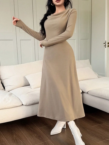 Women Sexy Cowl Neck Long Sleeve Maxi Dress Slim Fit Solid Color Polyester Spandex Elegant Party Evening Bodycon Long Dress